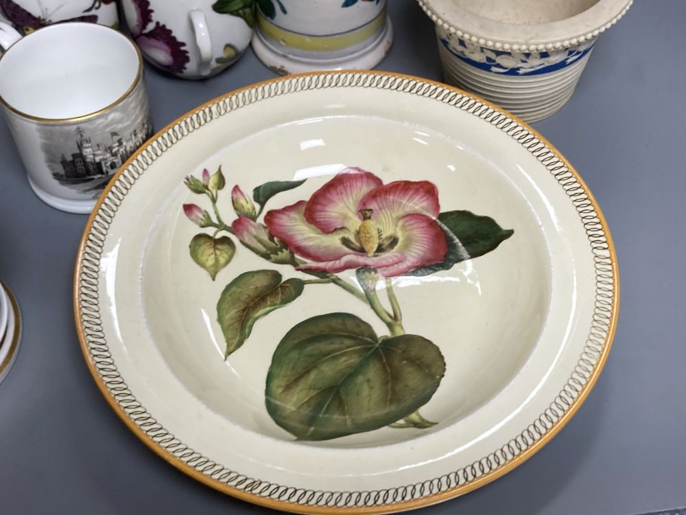 A collection of 19th - 20th century ceramics, including a Coalport floral painted jug, mugs, etc.